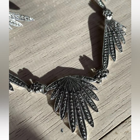 Vintage Sterling Silver and Stone Bib Necklace And Clip On Earring Set 35 grams